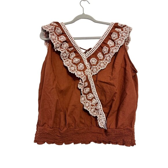 Brown Sleeveless Embroidered Top With Lace Detail & Tie Back Size 2X - Picture 3 of 8